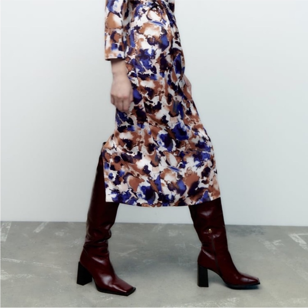 NEW Zara Print Long Sleeve Midi Dress With Knot - Picture 4 of 6
